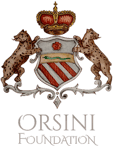 Logo della Fondazione Orsini con stemma araldico: due felini maculati rampanti sorreggono uno scudo con elementi decorativi e una corona reale sovrastante; sotto, la scritta 