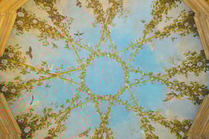 Affresco su soffitto voltato che raffigura un cielo limpido azzurro attraversato da rami intrecciati con rose bianche e foglie verdi; numerosi uccelli variopinti volano tra i fiori, creando l’illusione di un giardino aperto verso il cielo