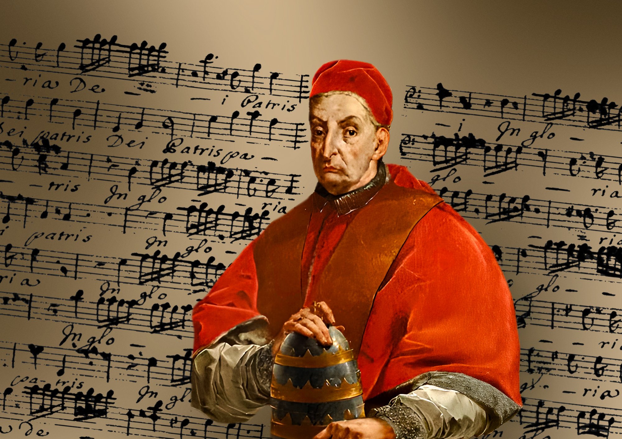Ritratto di un Papa Benederro in abito rosso con mozzetta e berretto, raffigurato frontalmente con espressione severa, le mani poggiate su un oggetto dorato e blu; sullo sfondo uno spartito musicale manoscritto in notazione antica Ritratto di un Papa Benederro in abito rosso con mozzetta e berretto, raffigurato frontalmente con espressione severa, le mani poggiate su un oggetto dorato e blu; sullo sfondo uno spartito musicale manoscritto in notazione antica